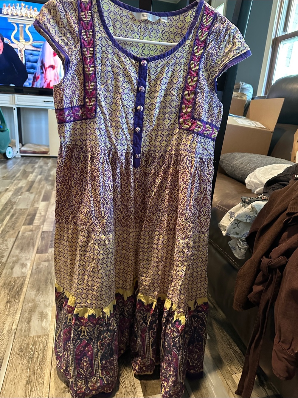 Max & Co. Purple and Yellow Patterned Midi Dress with Button Front